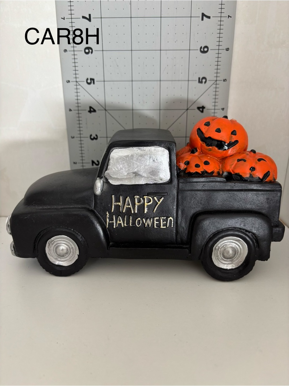Happy Halloween Black Truck with Orange Pumpkins -